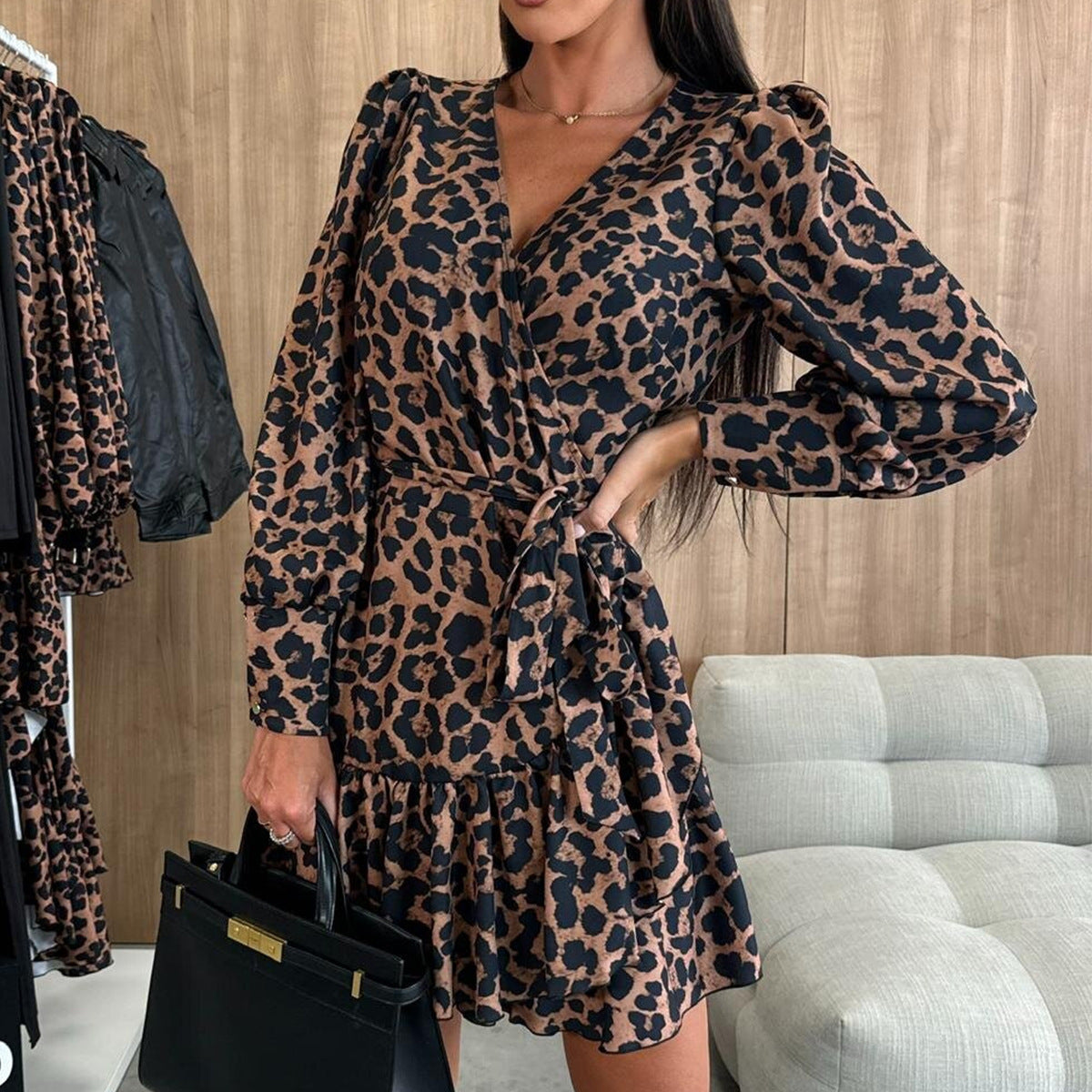 Women's Bubble Sleeve V-neck Lace-up Printed Dress