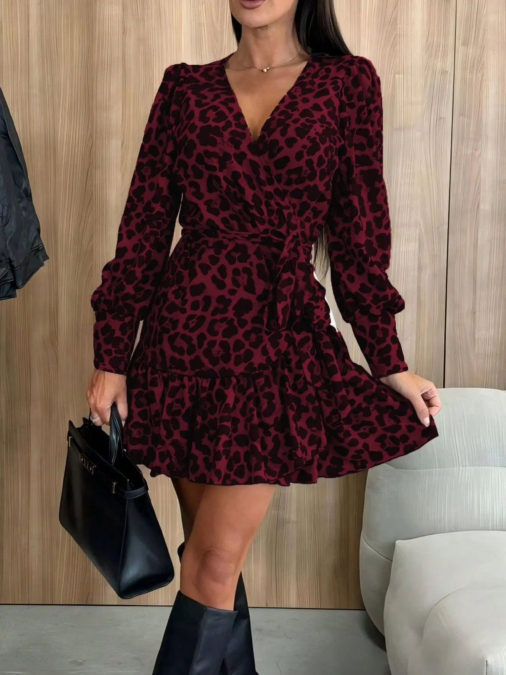 Women's Bubble Sleeve V-neck Lace-up Printed Dress