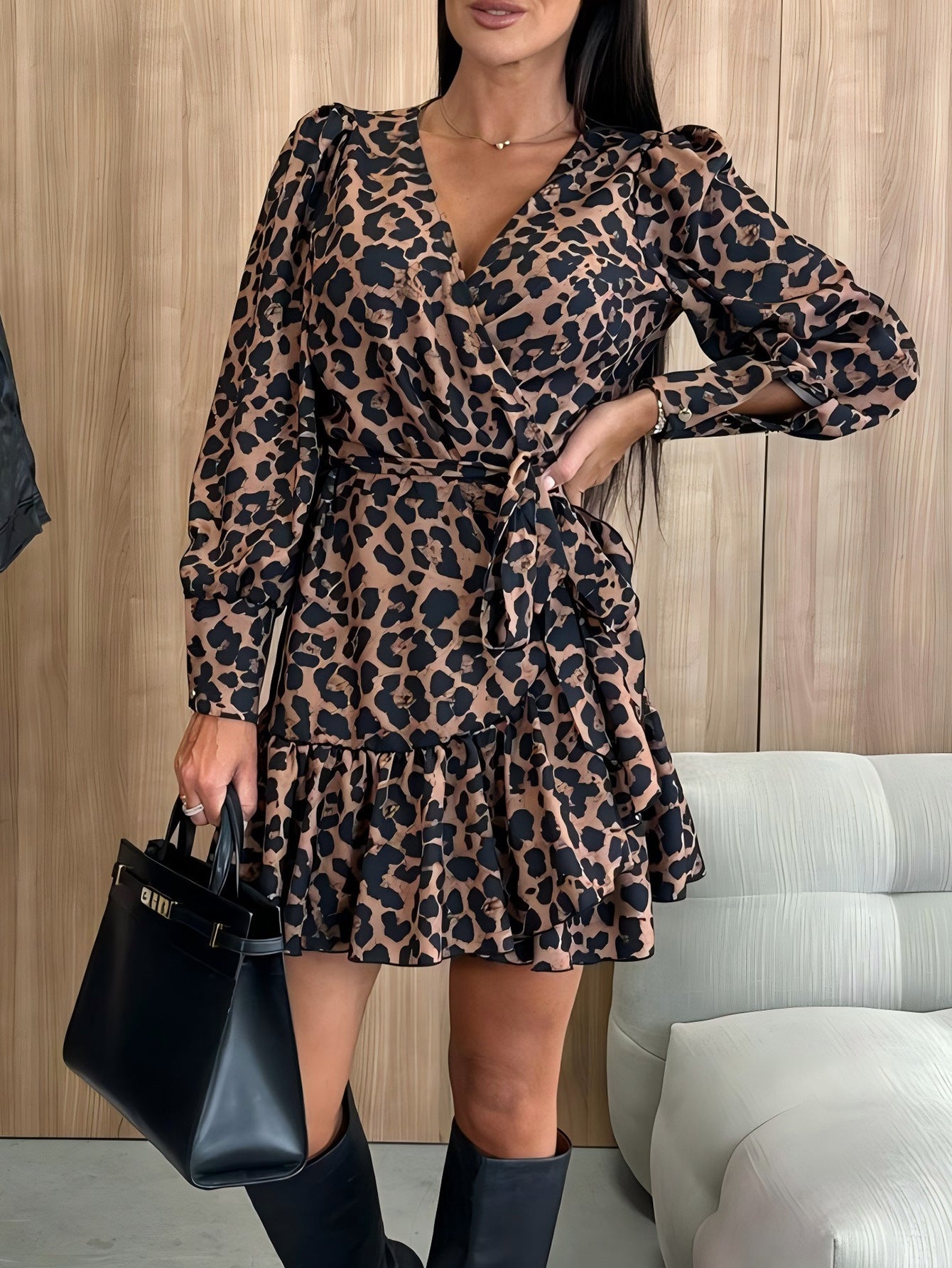 Women's Bubble Sleeve V-neck Lace-up Printed Dress