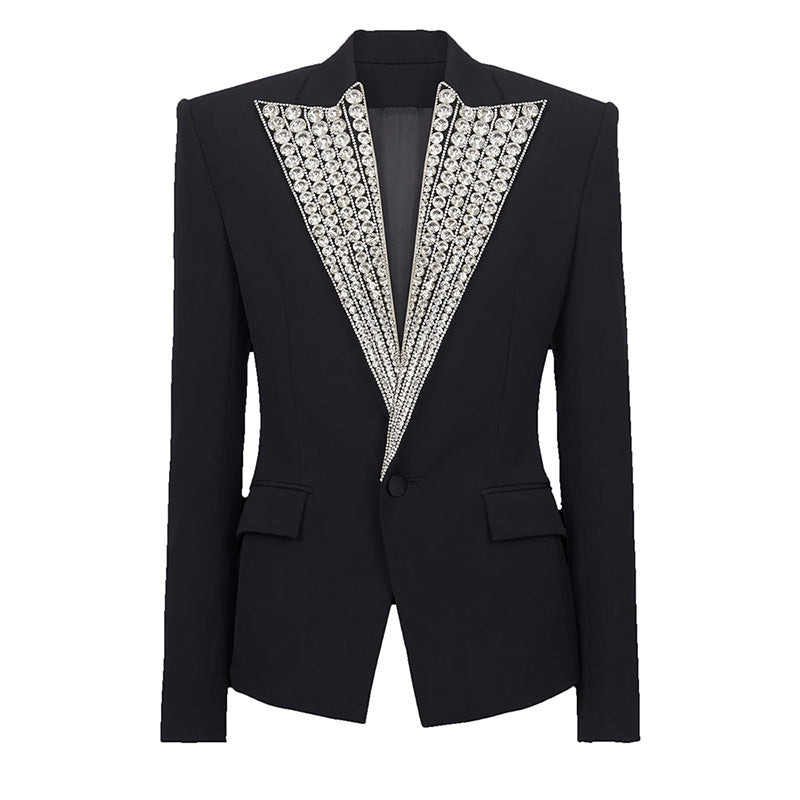 Socialite Temperament Exquisite Rhinestone Beaded One Button Slim Suit Jacket
